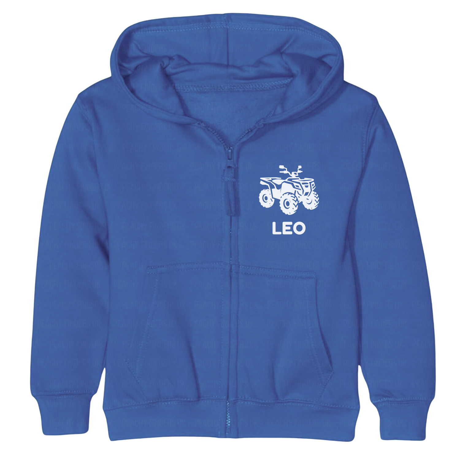kids royal blue hoodie with a white quad bike and custom name