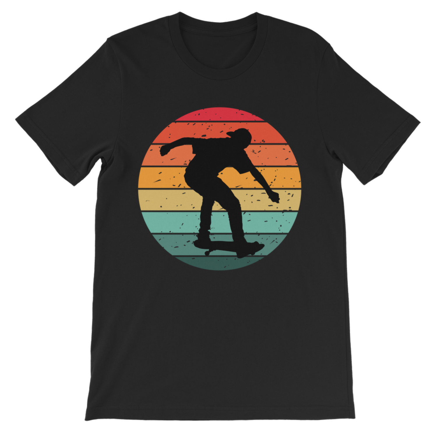 A kids black short-sleeve crewneck t-shirt featuring a retro circular graphic of a skateboarder's silhouette against a sunset gradient background.