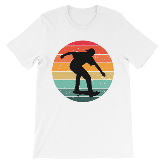 A kids white short-sleeve crewneck t-shirt featuring a retro circular graphic of a black skateboarder silhouette against a striped sunset background.