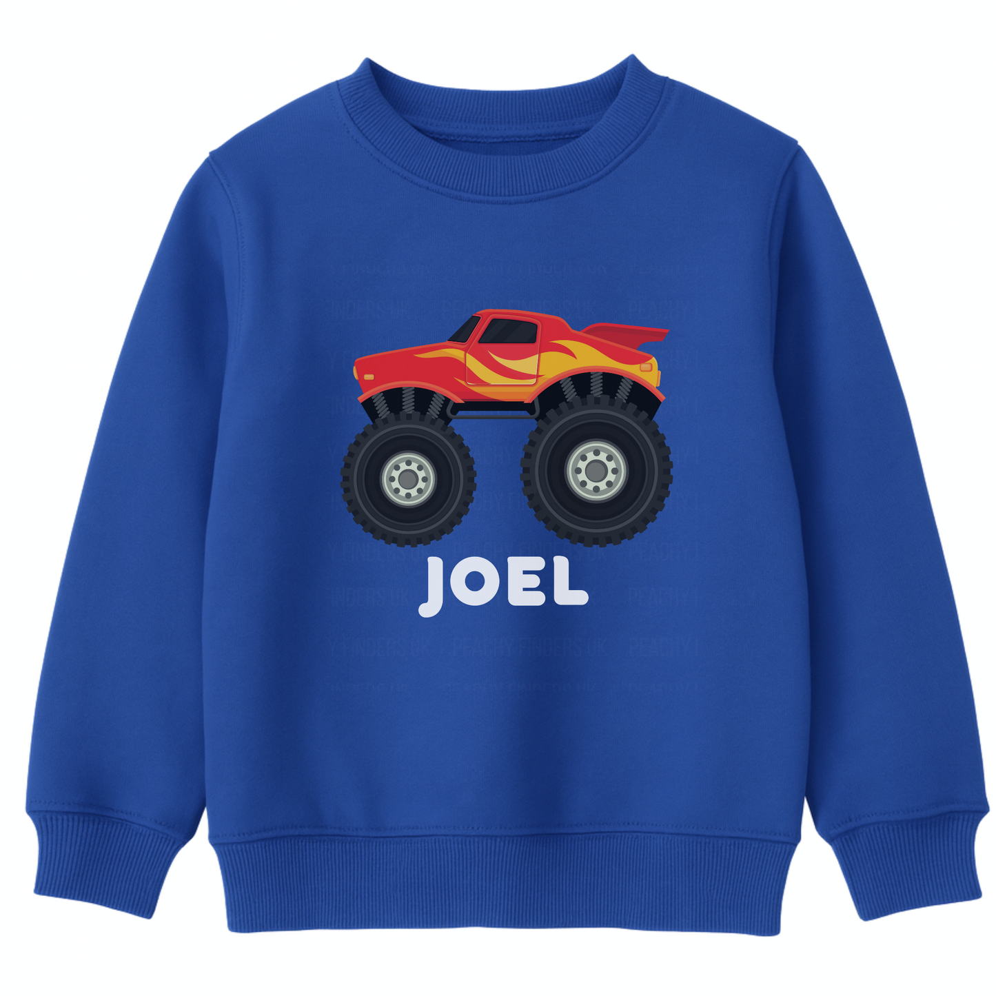 Royal blue kids sweatshirt featuring a red and yellow monster truck graphic with large tyres and personalised with the name “Joel” printed below the design.