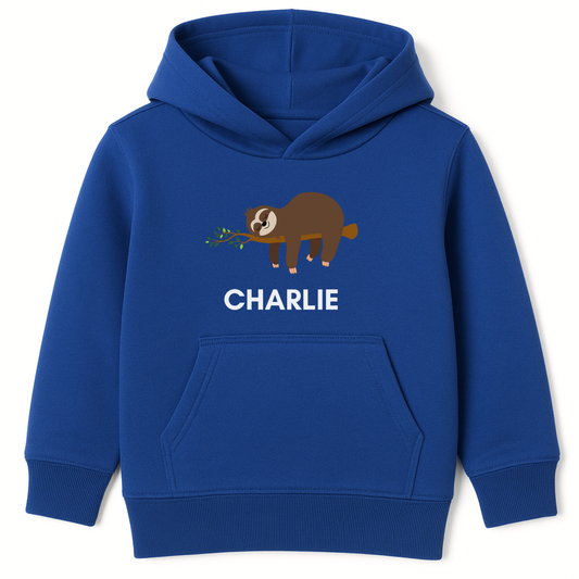 Royal Blue boys hoodie with custom name and sleeping sloth illustration