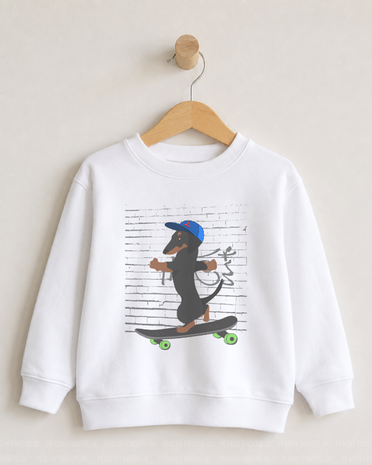 Skateboarding Dachshund Kids Sweatshirt (3–13 Yrs)