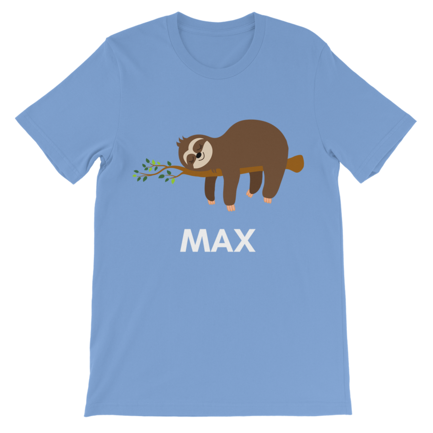 Light blue kids T-shirt featuring a brown sloth sleeping on a branch with custom name “Max” printed underneath, displayed flat on a white background.