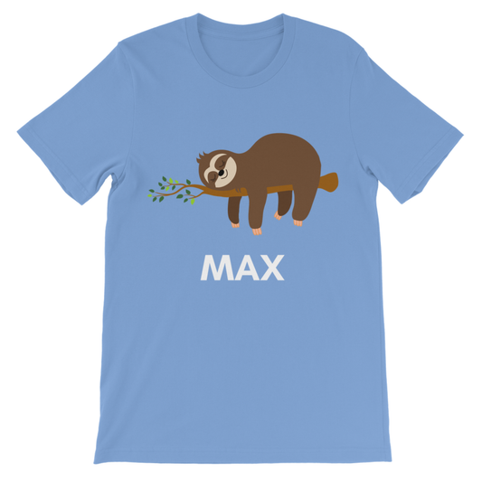 Light blue kids T-shirt featuring a brown sloth sleeping on a branch with custom name “Max” printed underneath, displayed flat on a white background.