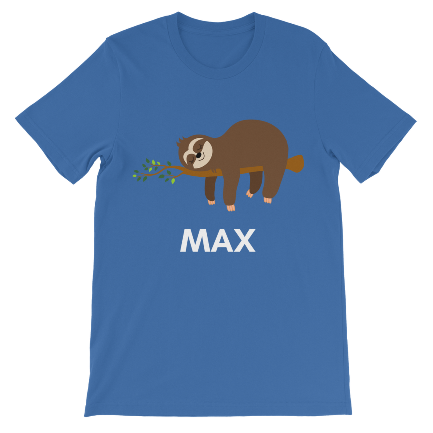 Boys royal blue t-shirt featuring a brown sloth sleeping on a branch with custom name  printed underneath, displayed flat on a white background.