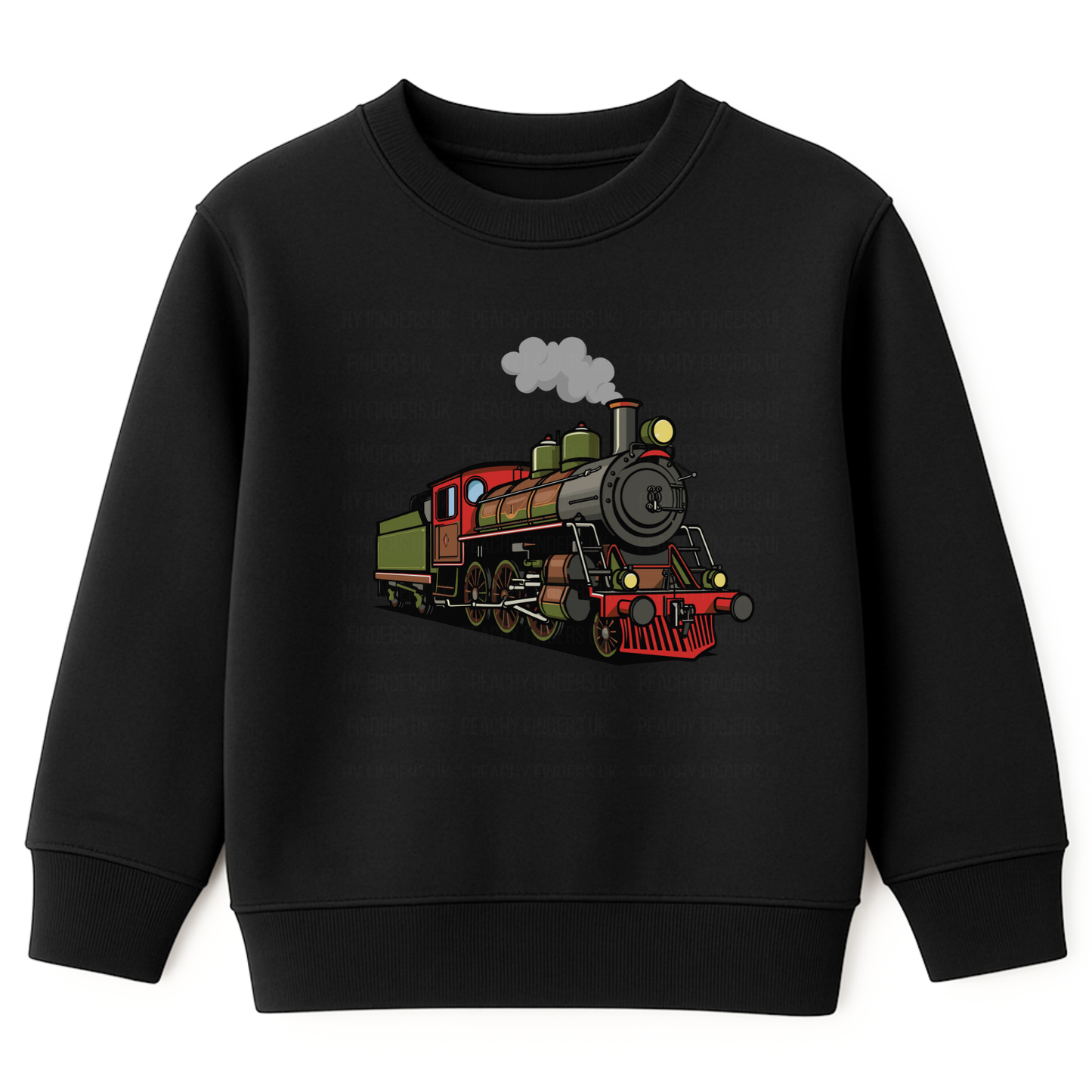 Boys black sweatshirt with colourful vintage steam train graphic on the front
