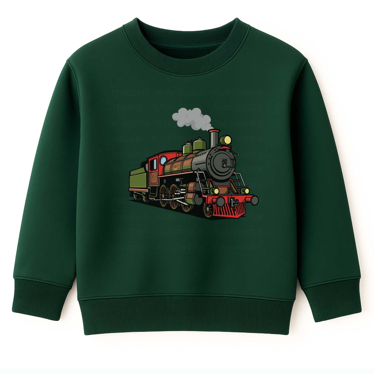 Boys dark green sweatshirt with colourful vintage steam train graphic on the front