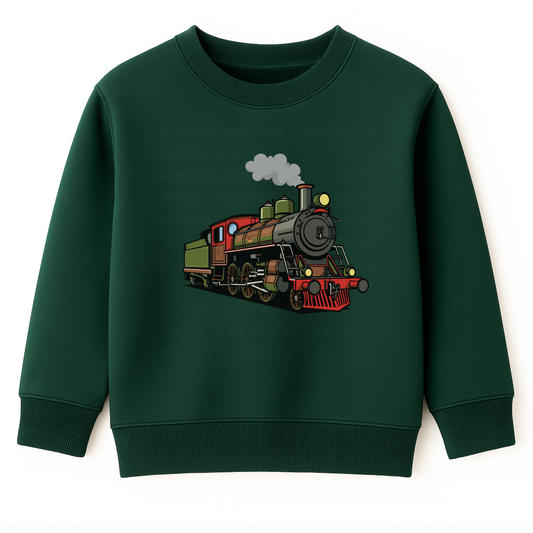 Boys dark green sweatshirt with colourful vintage steam train graphic on the front