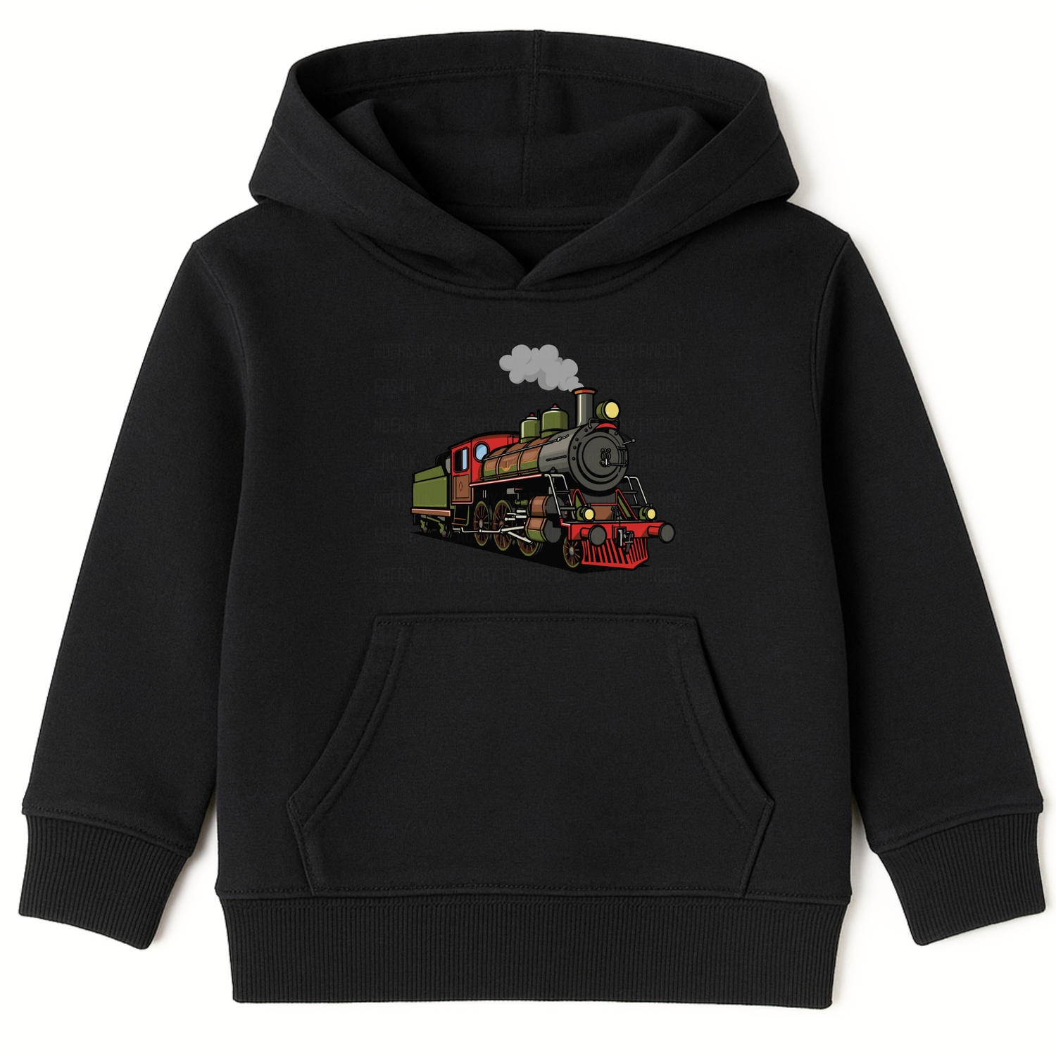 Boys black pullover hoodie featuring a colourful vintage steam train graphic on the front.