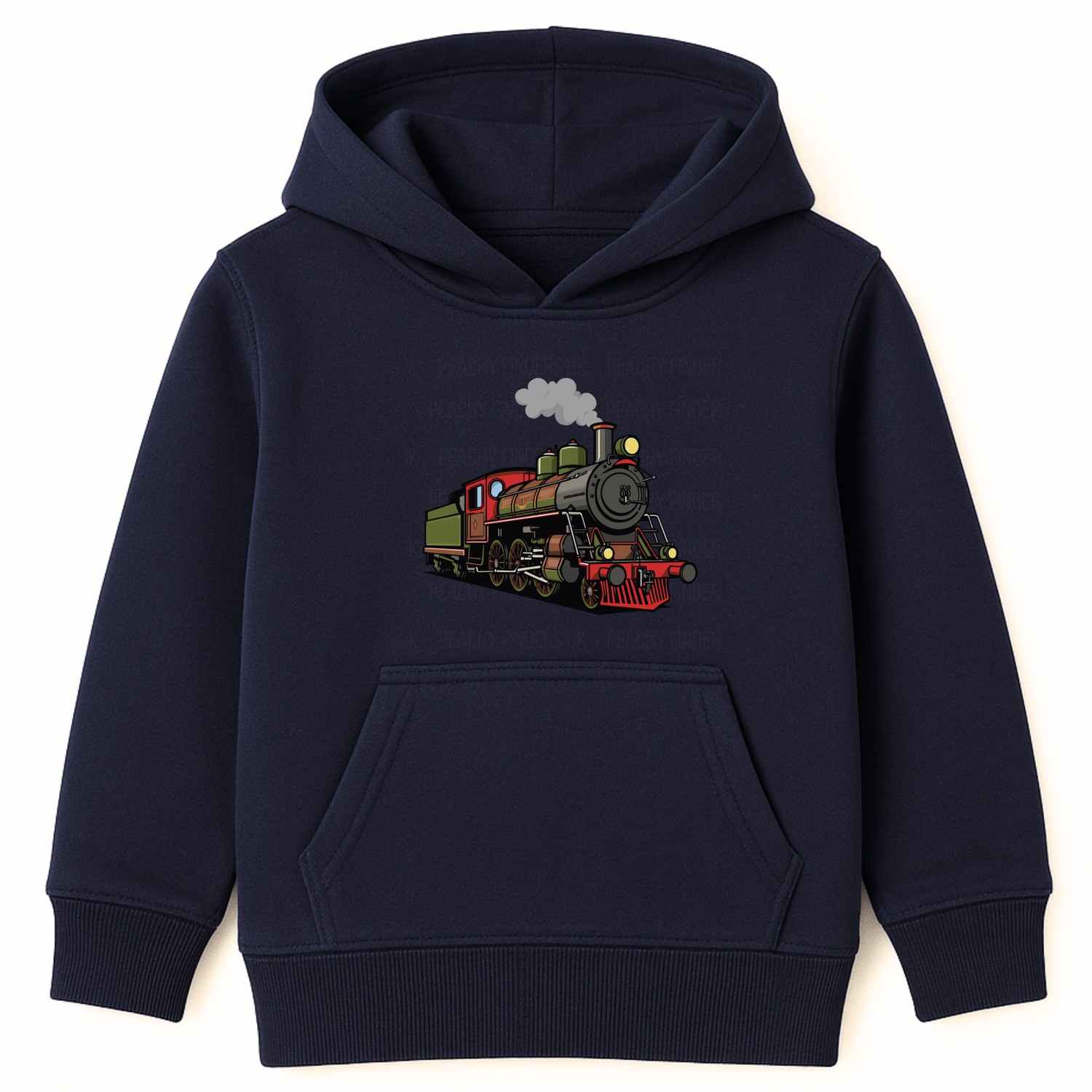 Boys navy hoodie featuring a colourful vintage steam train graphic on the front.
