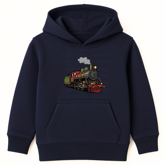 Boys navy hoodie featuring a colourful vintage steam train graphic on the front.