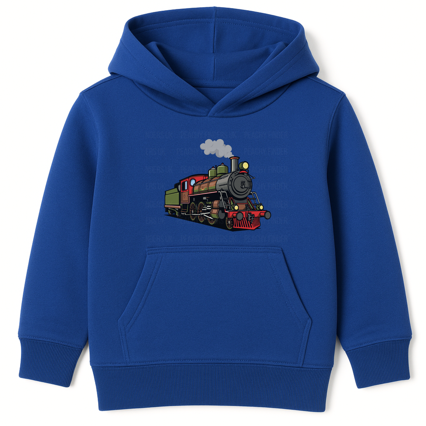Boys royal blue hoodie featuring a colourful vintage steam train graphic on the front.
