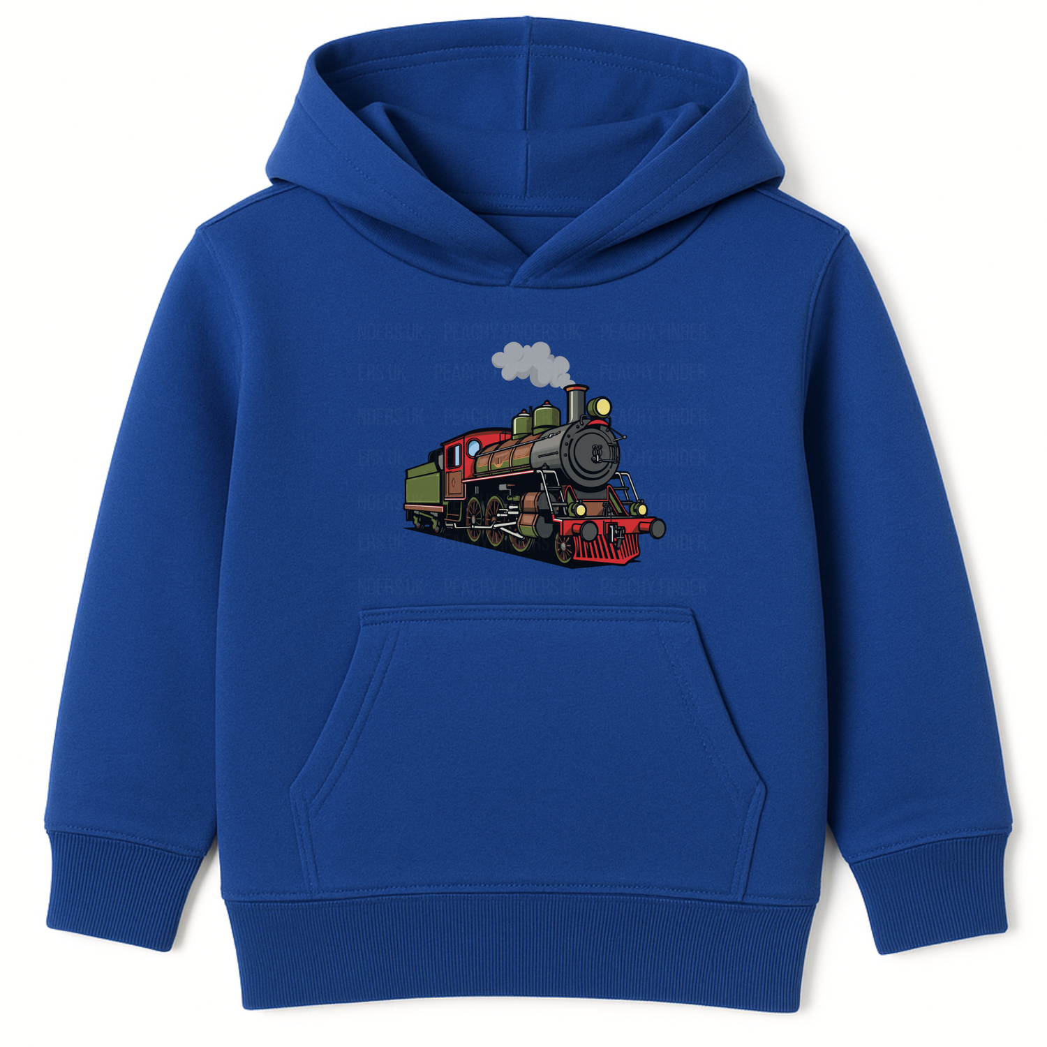 Boys royal blue hoodie featuring a colourful vintage steam train graphic on the front.
