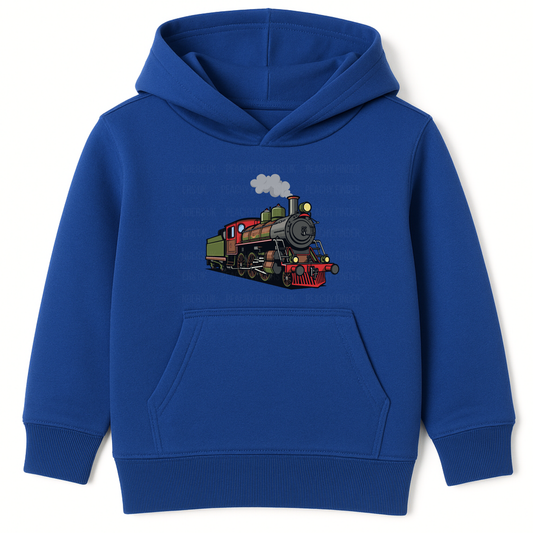 Boys royal blue hoodie featuring a colourful vintage steam train graphic on the front.
