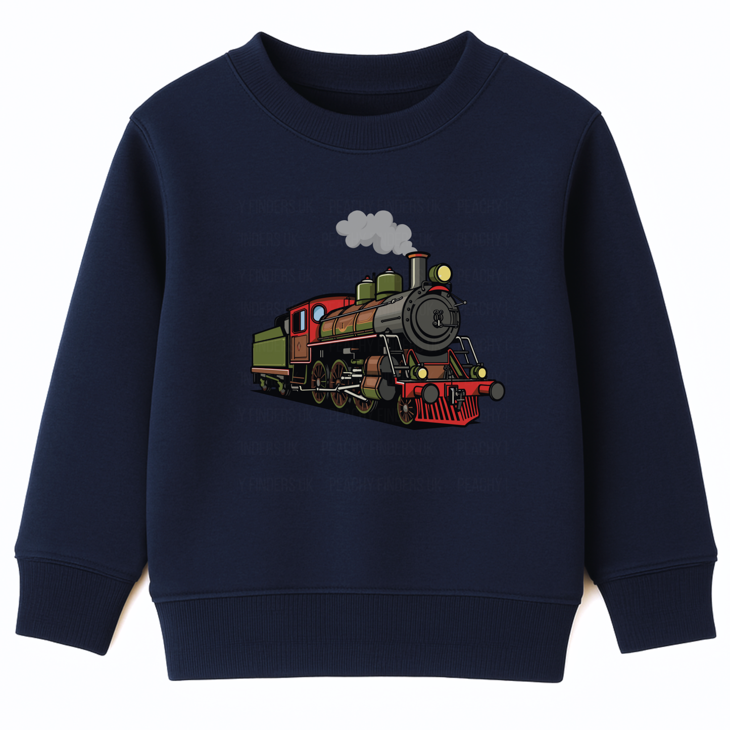 Boys navy sweatshirt with colourful vintage steam train graphic on the front