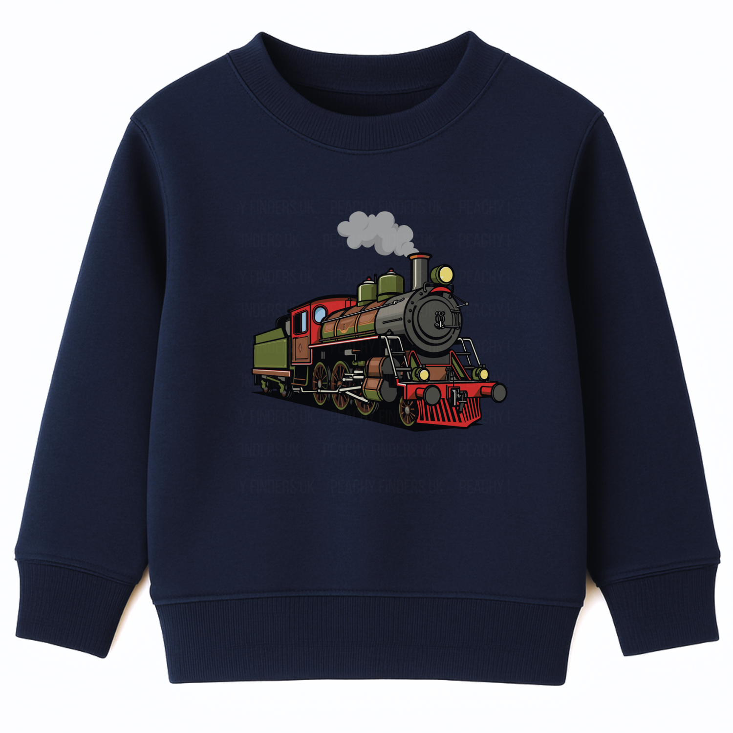 Boys navy sweatshirt with colourful vintage steam train graphic on the front