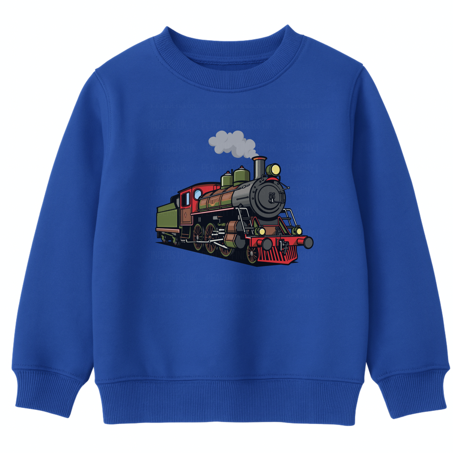 Boys royal blue sweatshirt with colourful vintage steam train graphic on the front