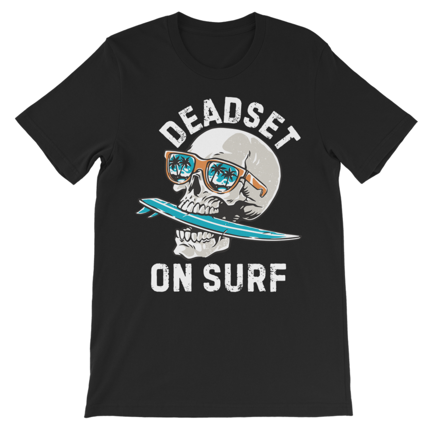 A black short-sleeve t-shirt with a graphic of a skull wearing sunglasses and holding a blue surfboard, with the text 'DEADSET ON SURF' printed in white.