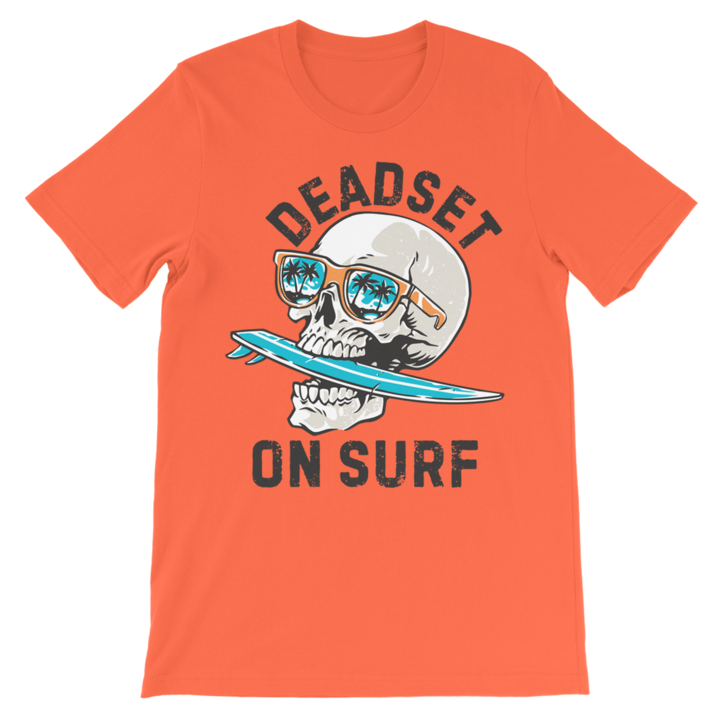 A bright orange short-sleeve crewneck t-shirt featuring a graphic of a skull wearing sunglasses and holding a blue surfboard, with the text 'DEADSET ON SURF' printed in black.