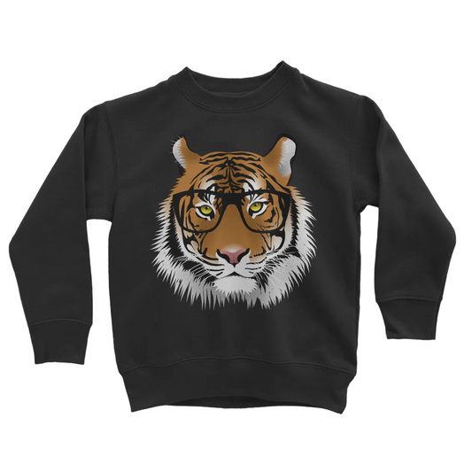 A black sweatshirt with a printed tiger wearing glasses 