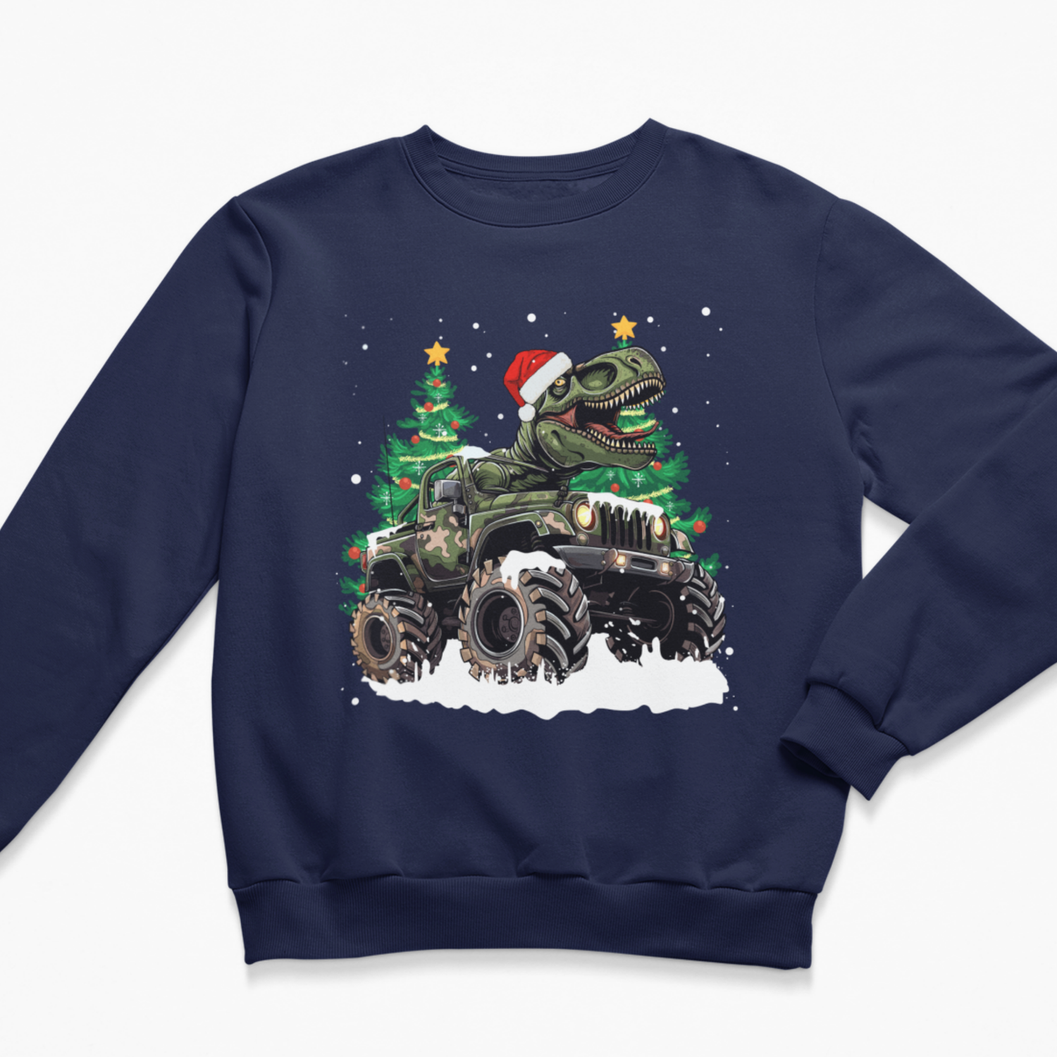 Navy boys Christmas sweatshirt with a Santa-hat T-Rex driving a large monster truck through a snowy festive scene with decorated trees.
