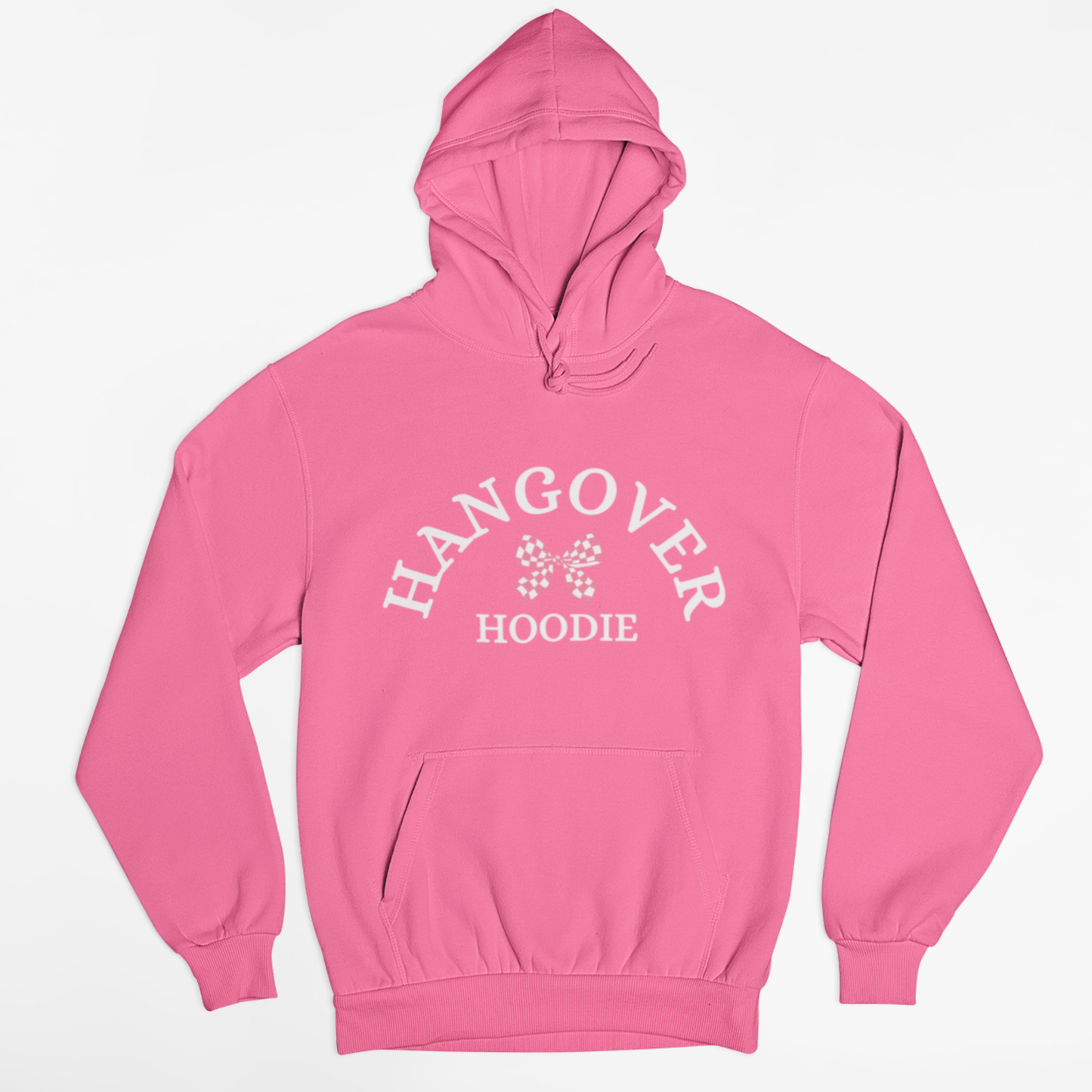 Pink women’s hoodie laid flat on a white background with the text “Hangover Hoodie” and a small bow graphic printed on the front.