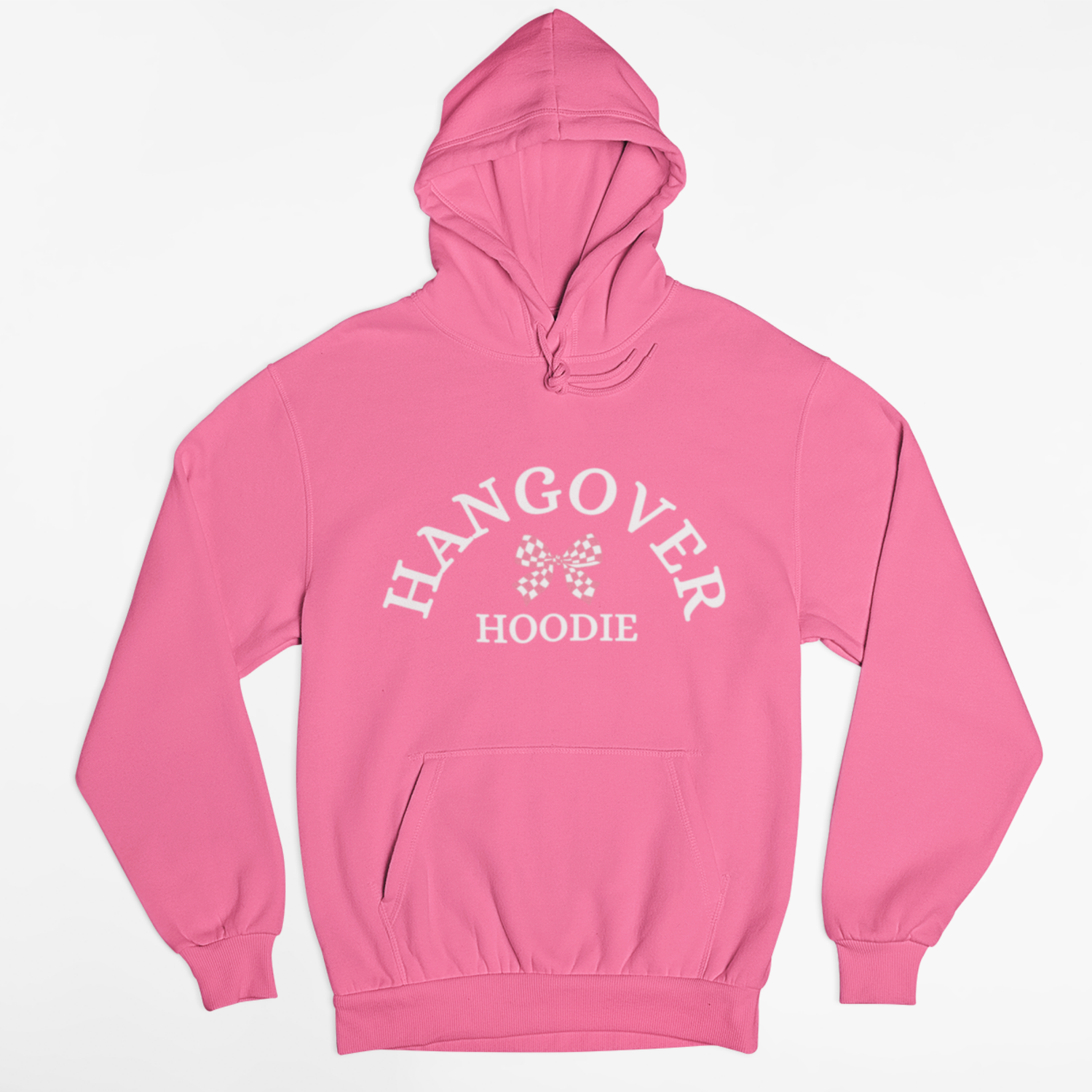 Pink women’s hoodie laid flat on a white background with the text “Hangover Hoodie” and a small bow graphic printed on the front.
