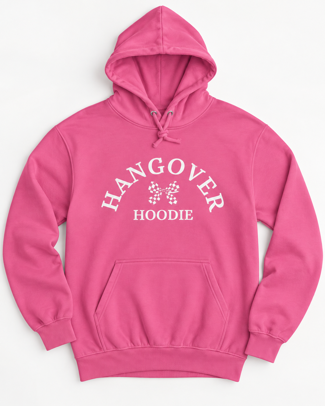 Candy-floss pink adult Hangover Hoodie flat lay featuring white curved lettering and a chequered bow design.