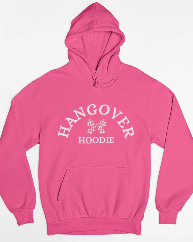 Adults pink “Hangover Hoodie” with small white and pink checked bow print - flat lay product