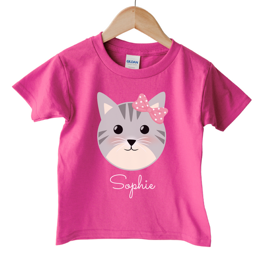 Girls Personalised Cat with Pink Bow T-shirt