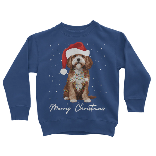 Kids blue sweatshirt featuring a Cavapoo dog wearing a Santa hat and fairy lights, and the text 'Merry Christmas'.
