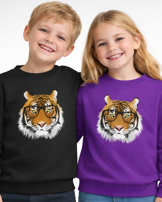 Kids black and purple tiger sweatshirt with glasses graphic – smiling boy and girl studio model shot, soft cotton children’s jumper