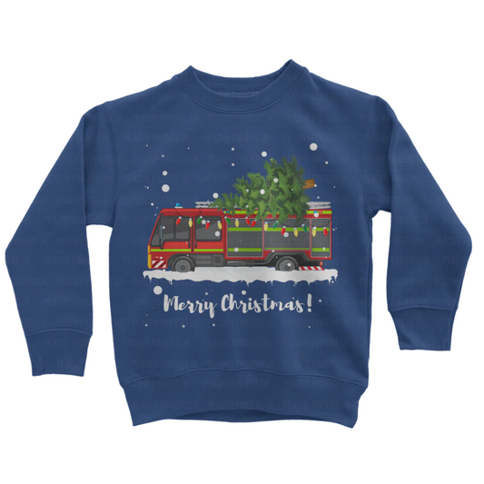 Kids Royal Blue sweatshirt with a graphic of a fire engine carrying a Christmas tree on the roof, with 'Merry Christmas!' text visible.