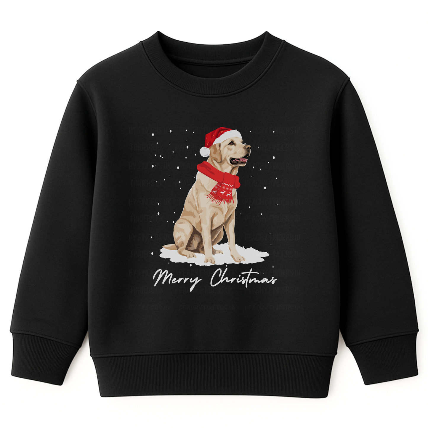 A kids black sweatshirt with a graphic of a golden Labrador wearing a Santa hat and a 'Merry Christmas' message.