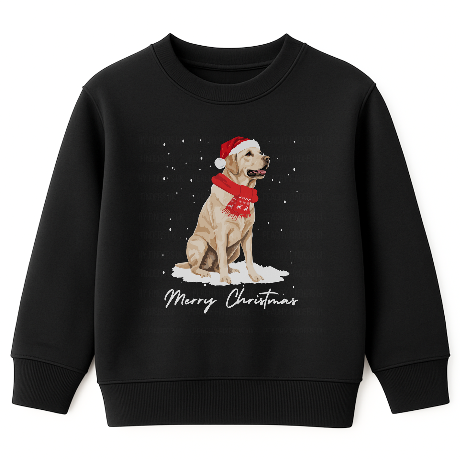 A kids black sweatshirt with a graphic of a golden Labrador wearing a Santa hat and a 'Merry Christmas' message.