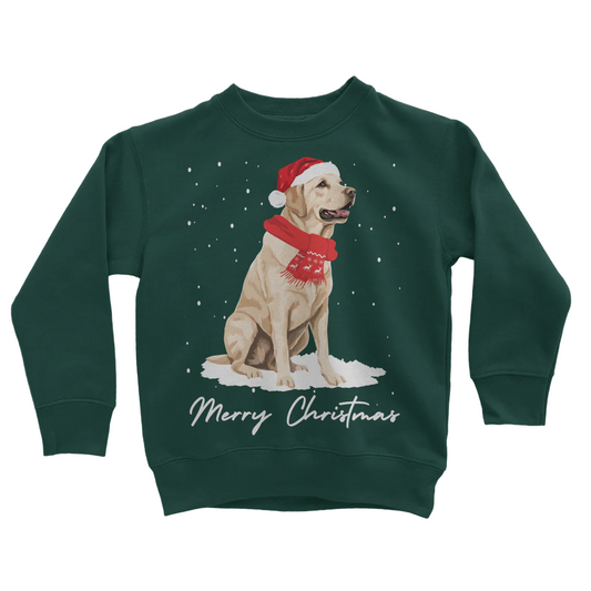 A kids dark green sweatshirt with a graphic of a golden Labrador wearing a Santa hat and a 'Merry Christmas' message.