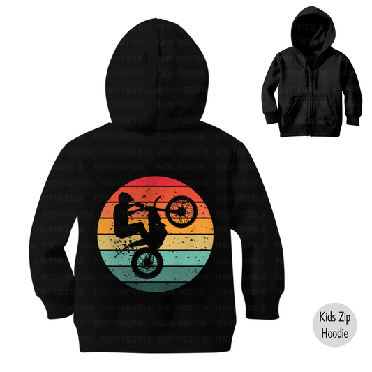 Black hoodie with a colorful graphic of a person on a bike and sunset design on the back, on a white background.