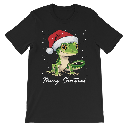 Kids black Christmas t-shirt featuring a cute cartoon gecko wearing a Santa hat with snow and ‘Merry Christmas’ text