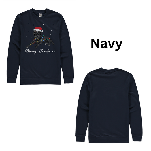 Navy crewneck sweatshirt shown from the front and back on a white background. The front features a graphic of a black Labrador wearing a red Santa hat with Christmas lights, with 'Merry Christmas' written below in white script.