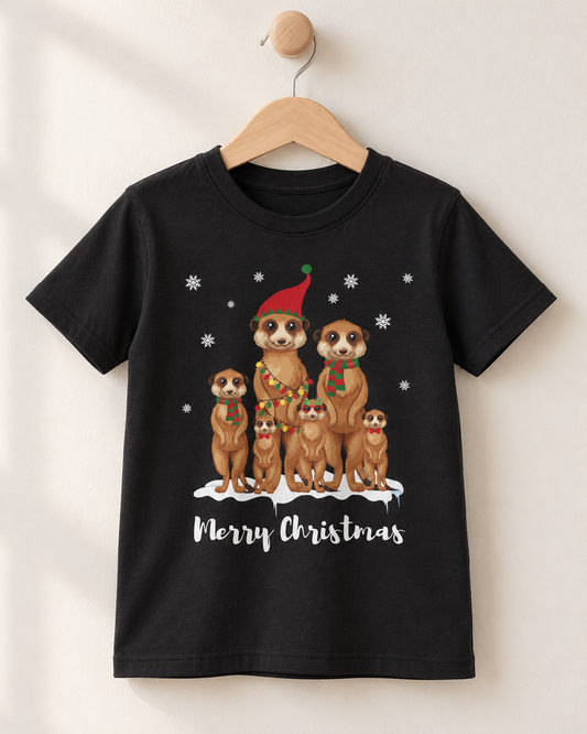 A black short-sleeve t-shirt hanging on a wooden hanger against a light beige wall. The shirt features a festive graphic of a family of meerkats wearing Christmas attire, with snowflakes in the background and 'Merry Christmas' written in white script at the bottom.