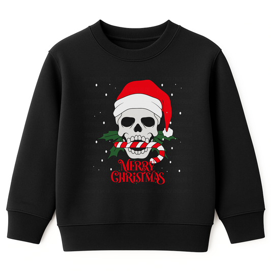 Black sweatshirt with white skull wearing Santa hat, holding candy cane, text reads 'Merry Christmas' – alternative gothic Christmas jumper for older kids and teens.