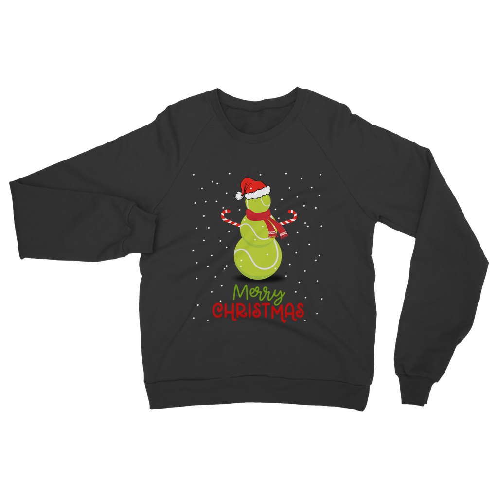 Black Christmas sweatshirt featuring a festive tennis ball snowman with a Santa hat, candy cane arms, and snowflake background above “Merry Christmas” text.
