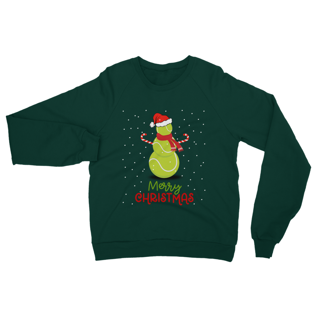 Dark Green Christmas sweatshirt featuring a festive tennis ball snowman with a Santa hat, candy cane arms, and snowflake background above “Merry Christmas” text.