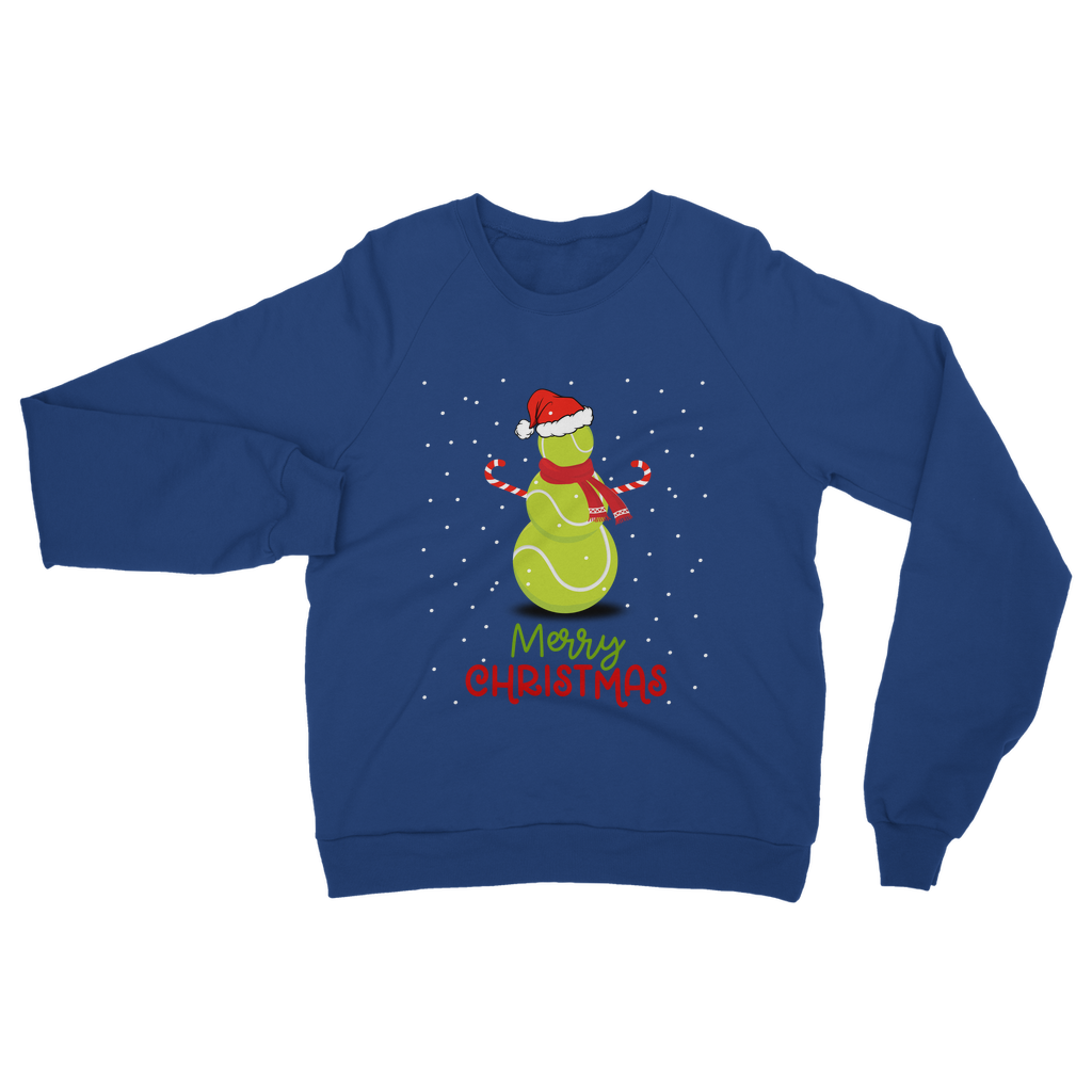 Royal blue Christmas sweatshirt featuring a festive tennis ball snowman with a Santa hat, candy cane arms, and snowflake background above “Merry Christmas” text.