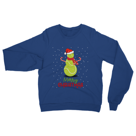Royal blue Christmas sweatshirt featuring a festive tennis ball snowman with a Santa hat, candy cane arms, and snowflake background above “Merry Christmas” text.