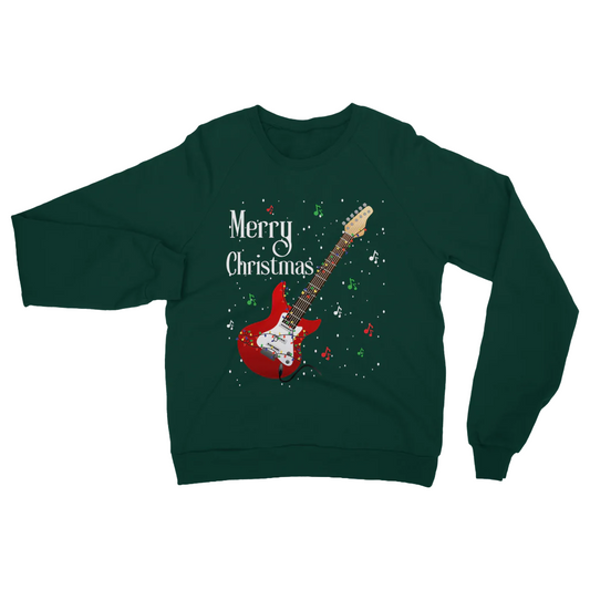 Adults dark green Christmas sweatshirt with a red guitar wrapped in fairy lights and musical notes design with 'Merry Christmas' text.