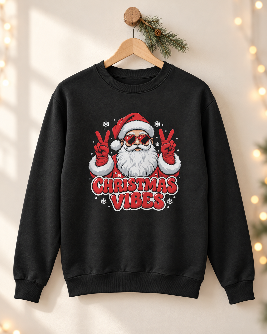 Adults black crewneck sweatshirt hanging on a wooden hanger decorated with a pine branch, featuring a festive graphic of Santa Claus wearing sunglasses and making peace signs with the words 'CHRISTMAS VIBES' in red text below.