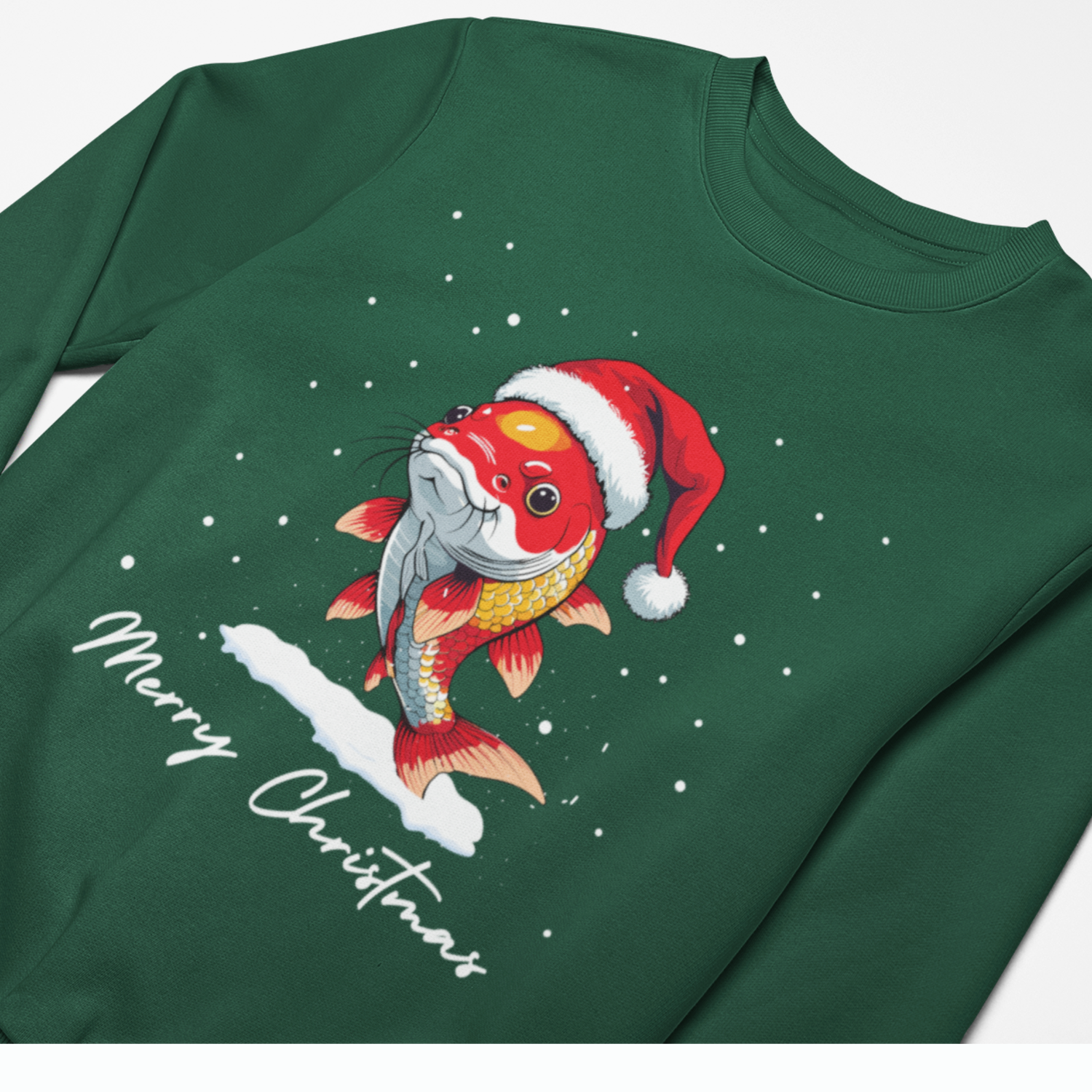 Green long-sleeve shirt with a Christmas-themed koi carp fish design and 'Merry Christmas' text on a white background.