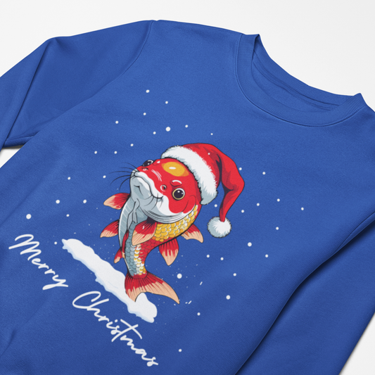 Blue sweatshirt with a Christmas-themed design of a fish (koi carp) wearing a Santa hat and 'Merry Christmas' text.
