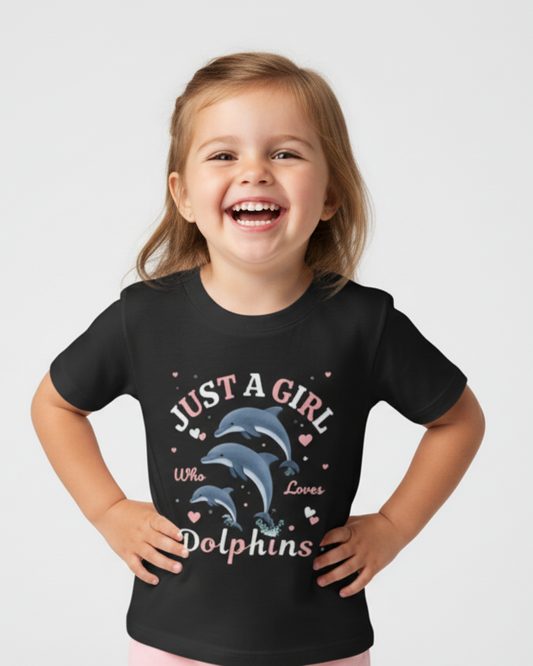 Smiling young girl wearing black dolphin graphic t-shirt with pink hearts in studio against white background